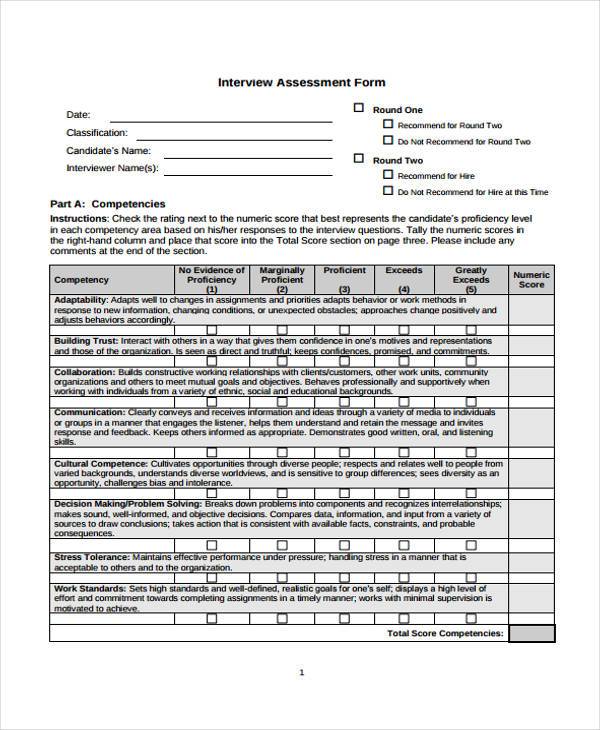 sample interview assessment form pdf