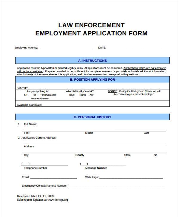 sample law enforcement employment application form