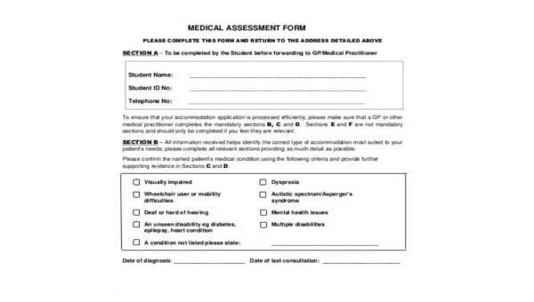 sample medical assessment forms
