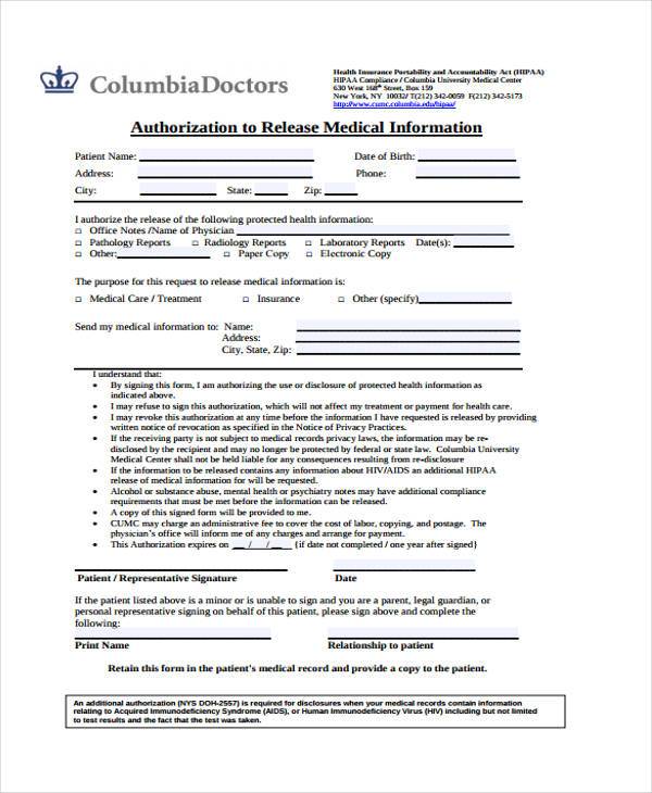 sample medical information release form