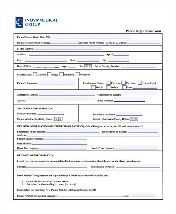 Patient Registration Form Templates Printable Medical Forms Letters 1014