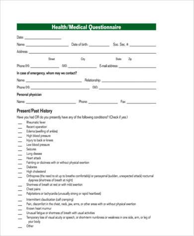 sample medical questionnaire form