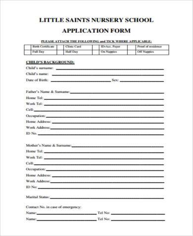 sample nursery school application form