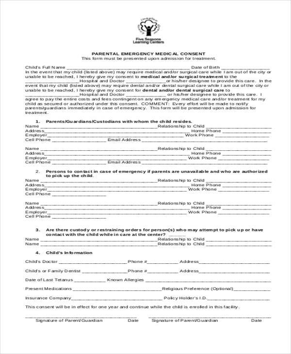 sample parental medical consent form