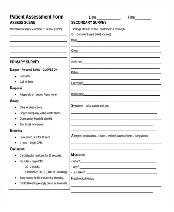 sample patient assessment form