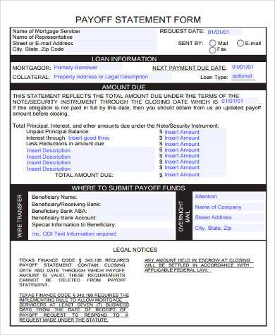 sample payoff statement form