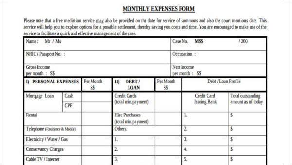 sample personal expense forms