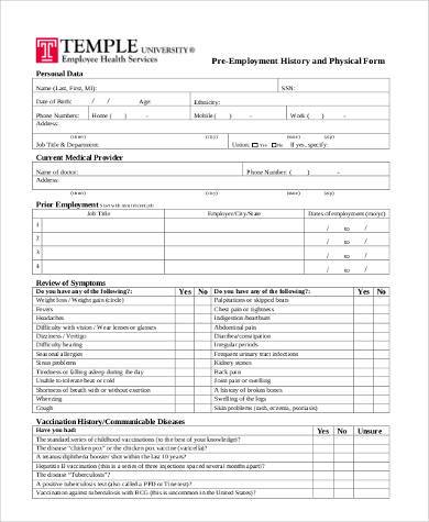 sample pre employment physical form