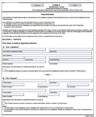 sample residential lease form