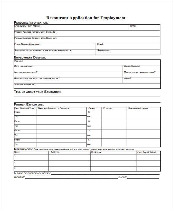 sample restaurant employment application form
