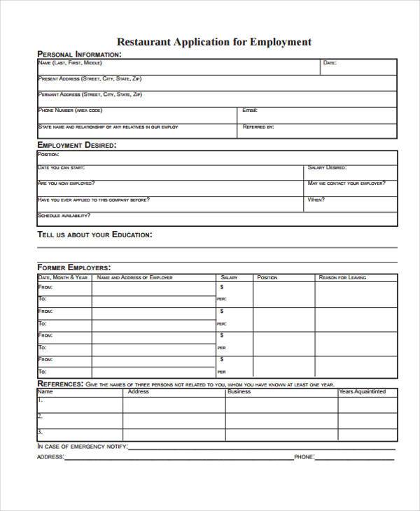 sample restaurant employment application form1