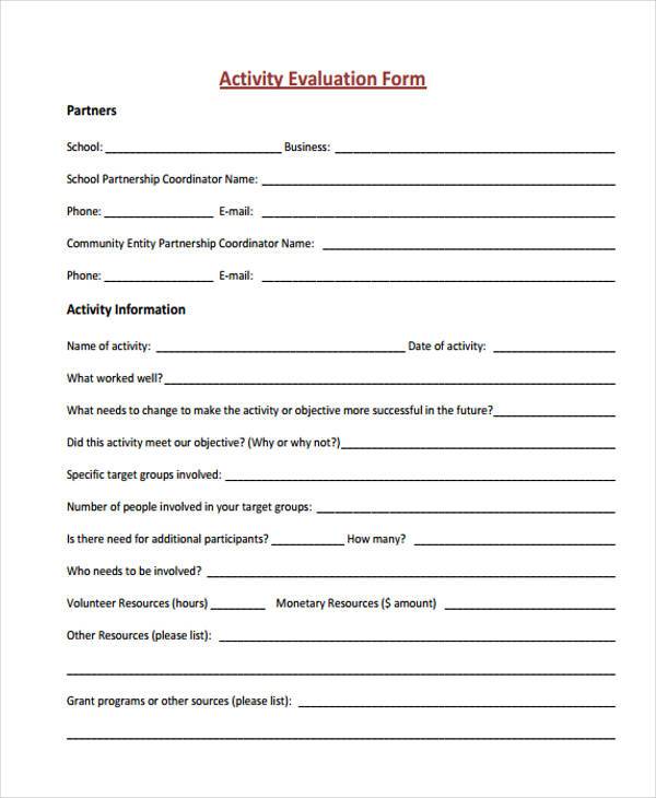 sample school activity evaluation form