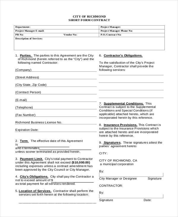 sample short form employment contract