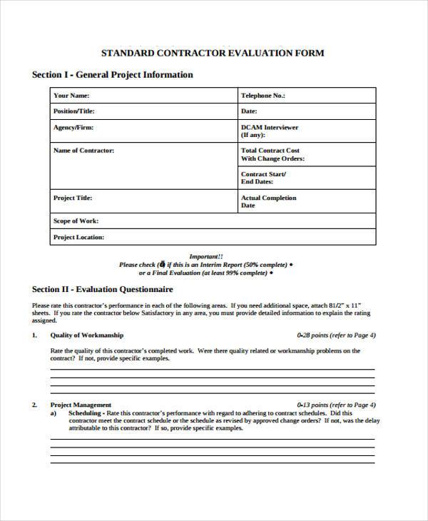 sample standard contractor evaluation form