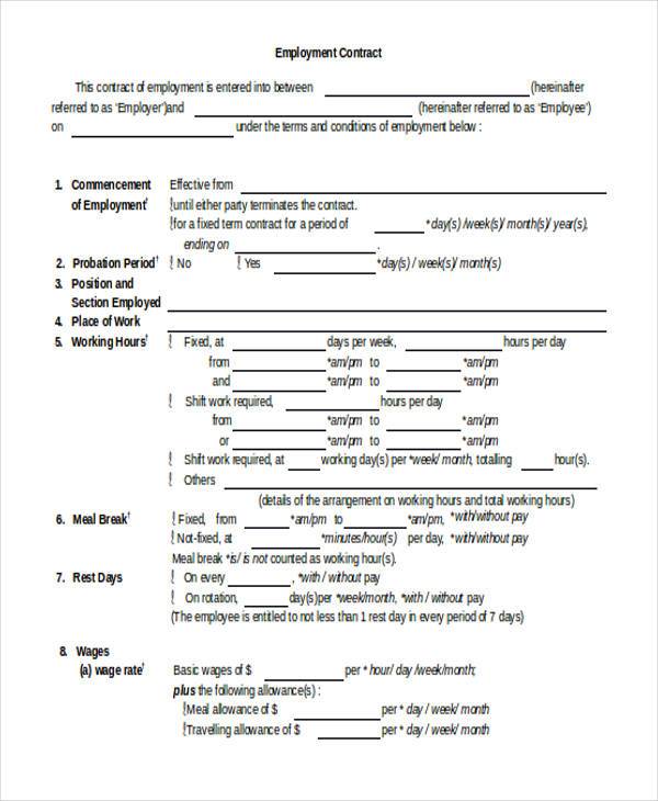 sample standard employment contract form