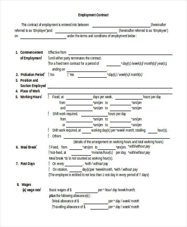 employment contract form Sample, 7  Samples Form  Free Contract  Example Employment