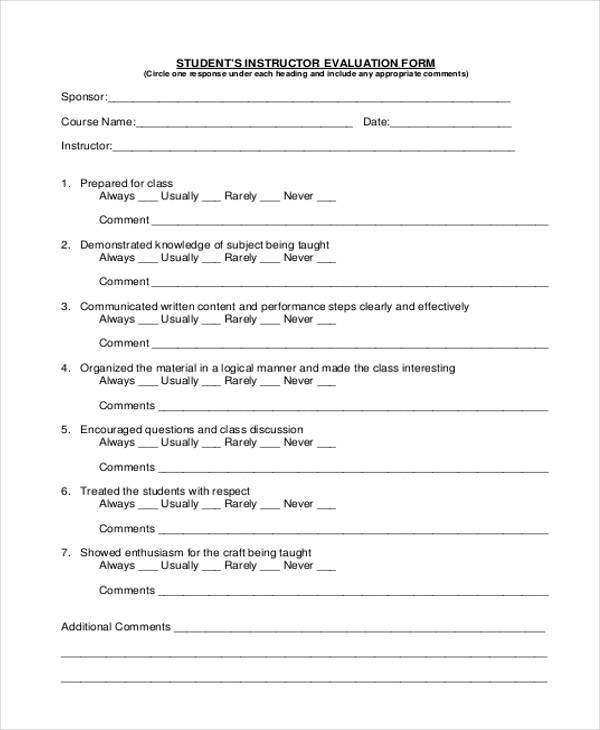 sample student instructor evaluation form