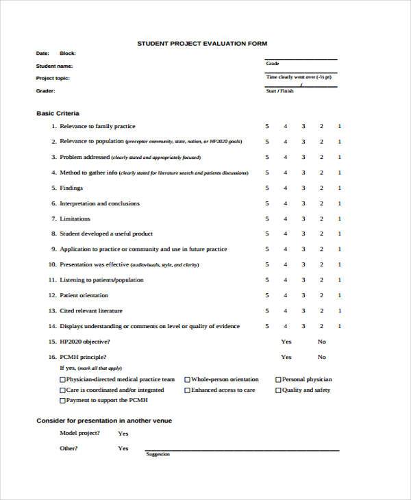sample student project evaluation form