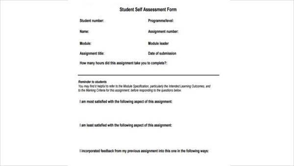 sample student self assessment forms