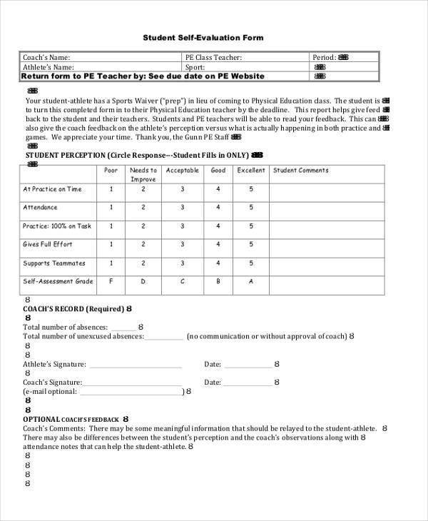 sample student self evaluation form