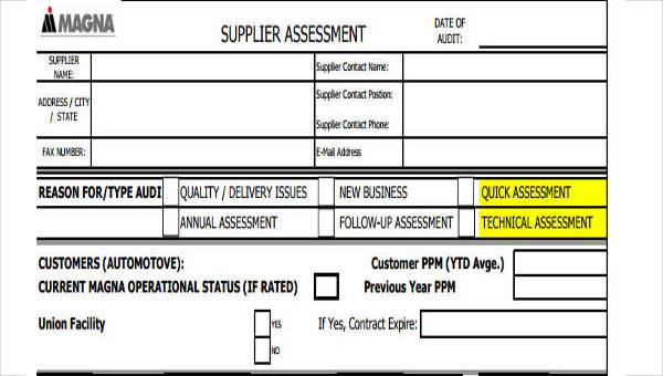 sample supplier assessment forms