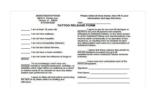 FREE 8  Sample Tattoo Release Forms in PDF