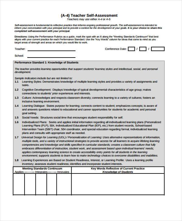sample teacher self assessment form