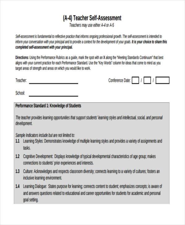 examples of teacher self assessment in education