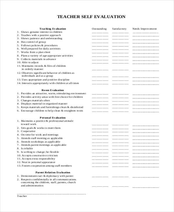 sample teacher self evaluation form