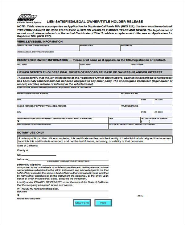 sample vehicle lien release form