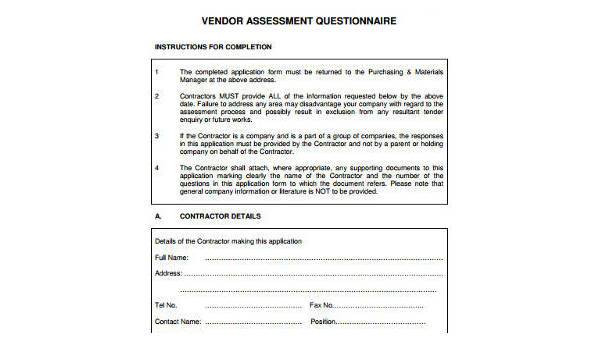 sample vendor assessment forms