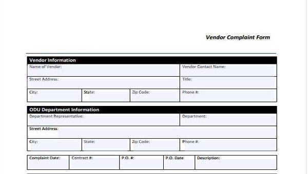 sample vendor complaint forms