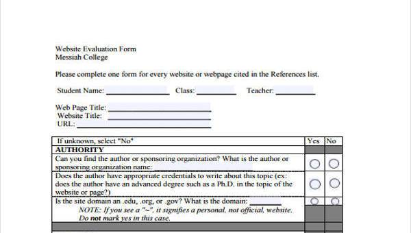 sample website evaluation forms