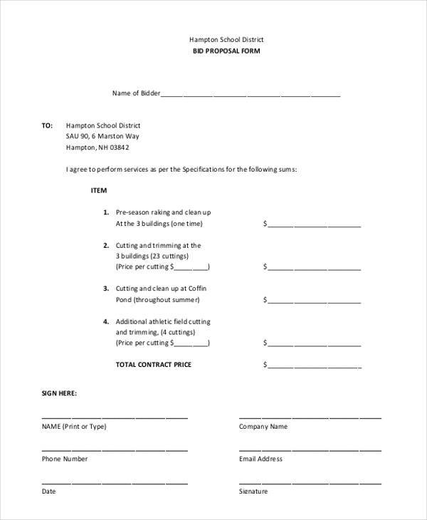 school bid proposal form sample