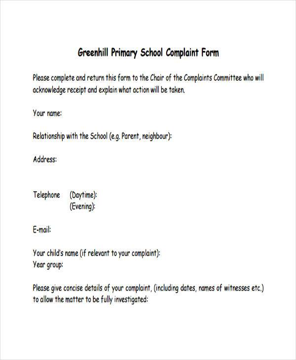 school complaint form format