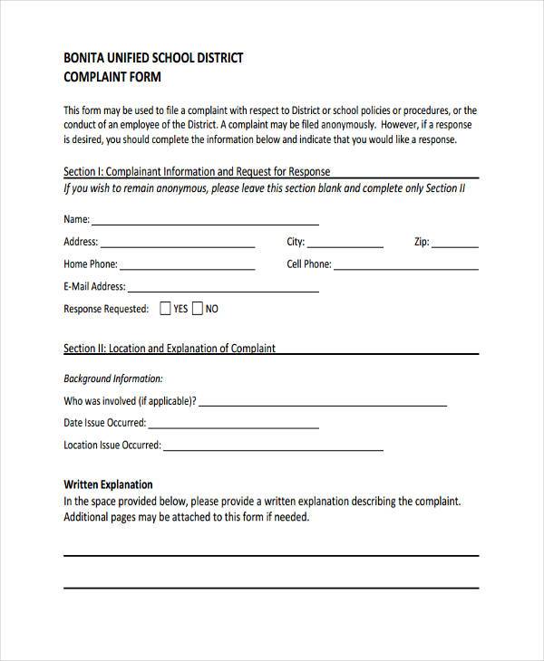 FREE 8+ Sample School Complaint Forms in PDF | MS Word