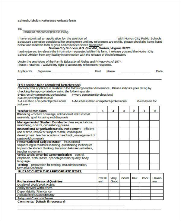 school division reference release form