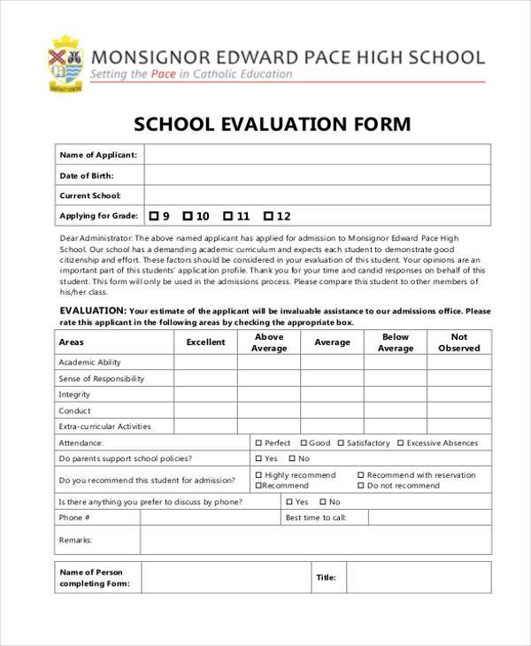 school evaluation form example