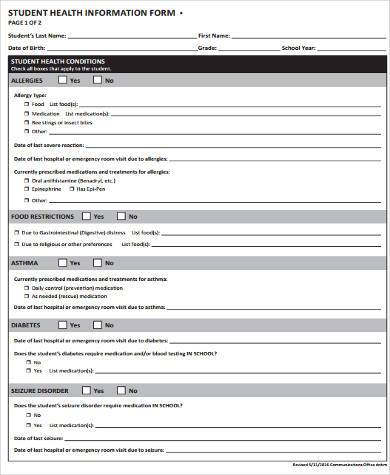 school health information form