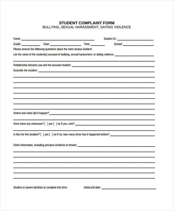 school name complaint form example
