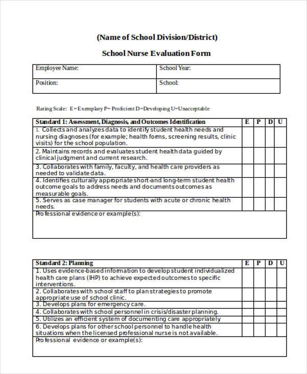 school nurse evaluation form