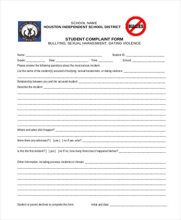 school student complaint form example