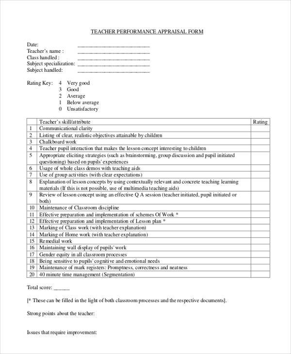 school teacher appraisal form