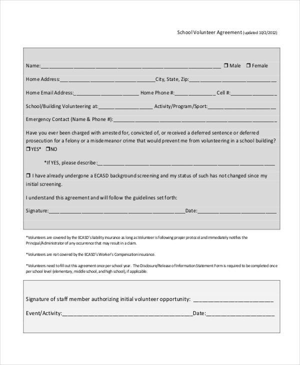 school volunteer agreement form