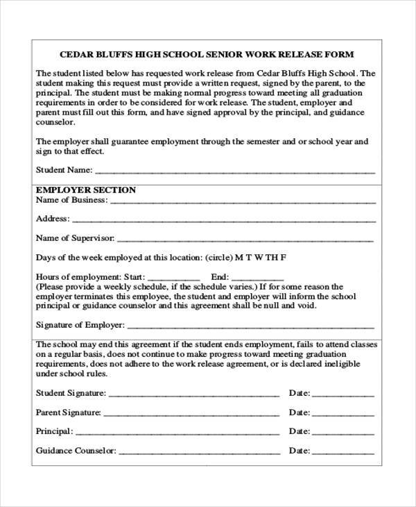 school work release form