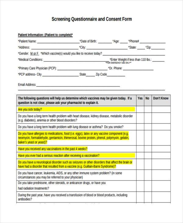 screening questionnaire consent form 