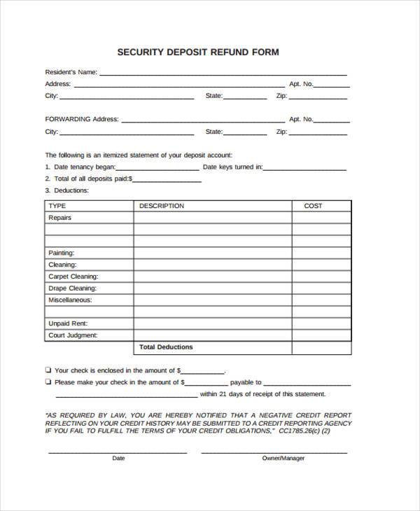 security deposit refund form 