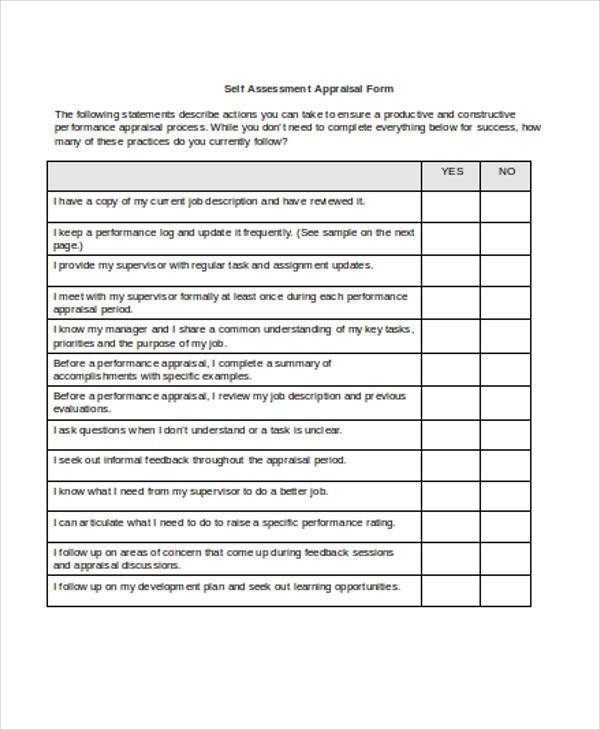 self assessment appraisal form example