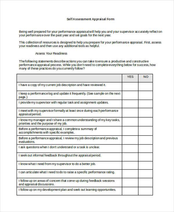 self assessment appraisal form