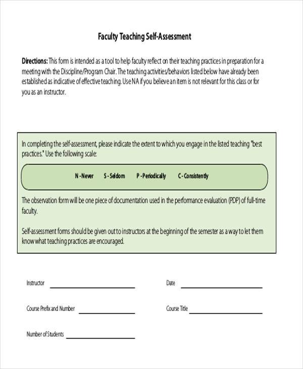 self assessment form for faculty